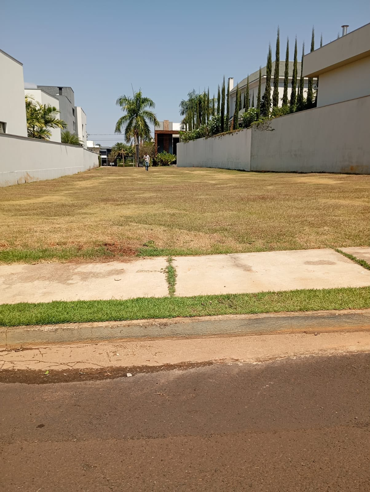Área verde de lote vago conservada junto à calçada